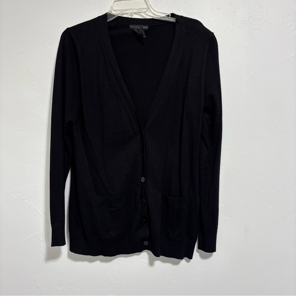 Grace Elements Women's Black Cardigan Sweater Large Rayon Nylon Layering Basic